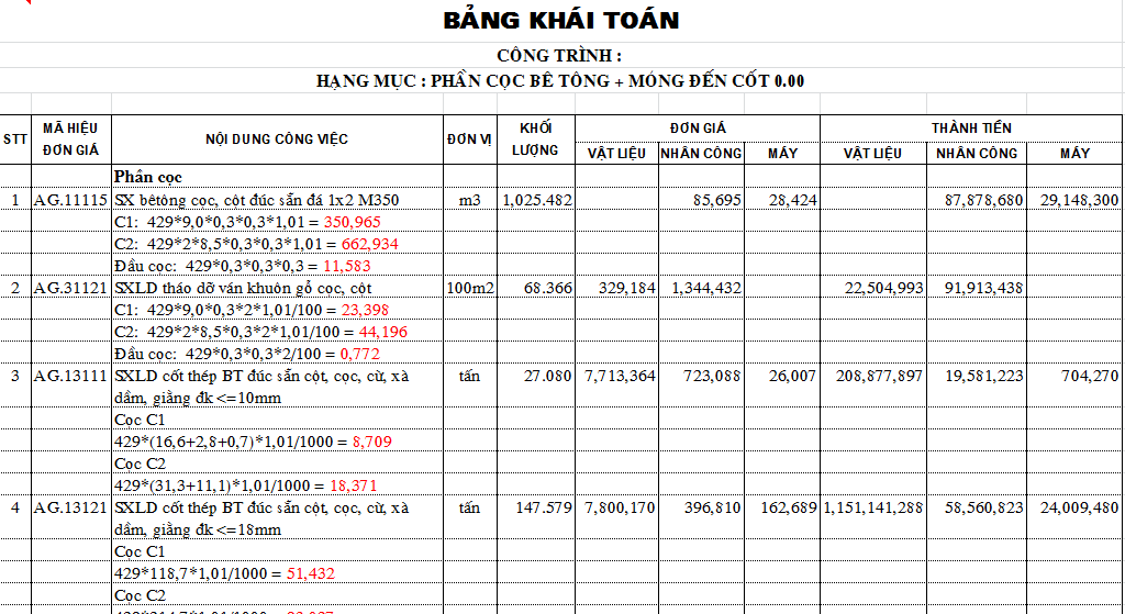 Dự toán cọc bê tông