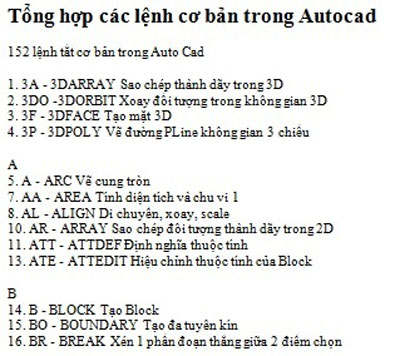 152 lệnh tắt cơ bản trong Auto Cad