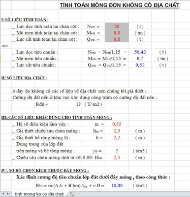 Bảng tính móng đơn không có địa chất