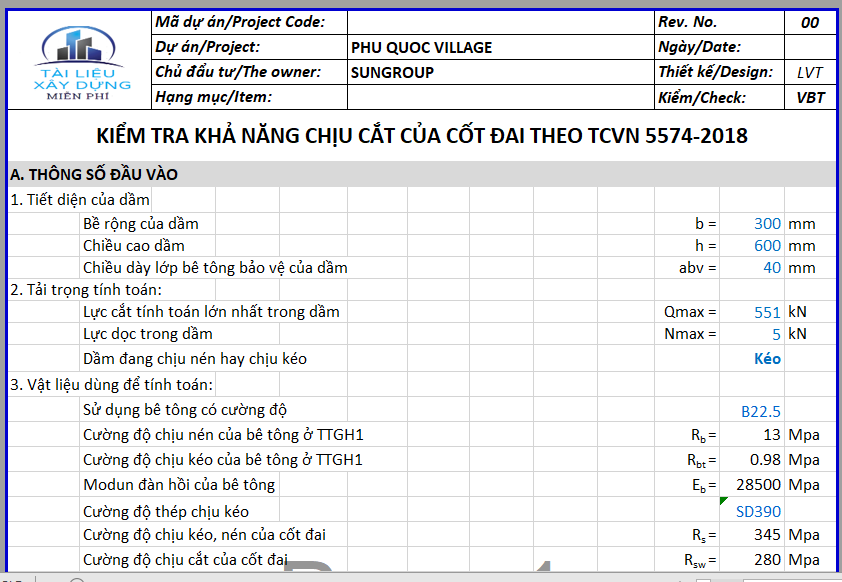 BẢNG TÍNH KIỂM TRA KHẢ NĂNG CHỊU CẮT CỦA CỐT ĐAI THEO TCVN 5574:2018