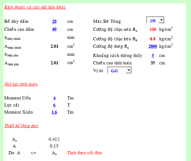 Bảng excel tính dầm xoắn