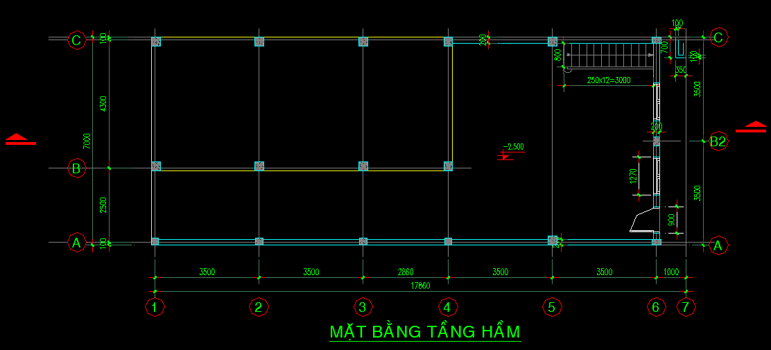 Bản vẽ Nhà kích thước 7 x 20 m, có hầm để xe, mái thái