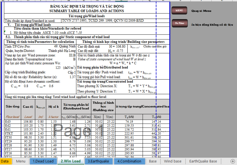 BẢNG TÍNH TẢI TRỌNG TĨNH TẢI, GIÓ, ĐỘNG ĐẤT TRÊN NỀN EXCEL KHÁ HAY