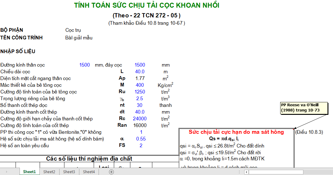 Bảng excel tính sức chịu tải cọc khoan nhồi