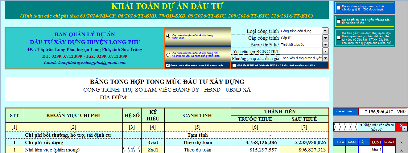 [Excel] FILE EXCEL KHÁI TOÁN DỰ ÁN CÔNG TRÌNH 2017